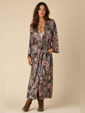 Vintage Boho Satin Floral Paisley Duster Robe Kimono Maximalist Romantic Belted